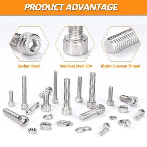 Beefy Heavy Duty 448 Pcs Metric Hex Bolt And Nut Assortment Set M5 M6 M8 Stainless Steel With Flat And Lock Washers Includes Hex Socket Cap Screws Nuts And Bolts For Marine Automotive And DIY Projects