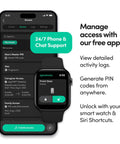 Smartphone and smartwatch displaying app interface for Go Smart Lock With Fingerprint And Digital Keys, Remote PIN Codes, WiFi Bridge Sold Separately, ANSI Tested, No Fuss Install Matte Black Door Lock For Modern Home Security And Quick Access.