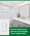 Bathroom with Maestro LED Plus Dual Dimmer And Switch, controlling light and fan, single pole white finish.