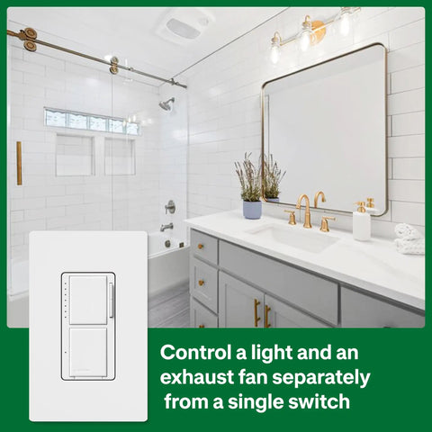 Bathroom with Maestro LED Plus Dual Dimmer And Switch, controlling light and fan, single pole white finish.