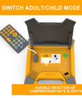 Front view of orange XFT AED Trainer device with open lid and remote control