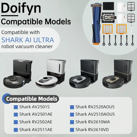 Replacement Parts Kit For Robot Vacuum Models AV2501S AV2511AE RV2502AE with main brush, pre-filters, side brushes shown