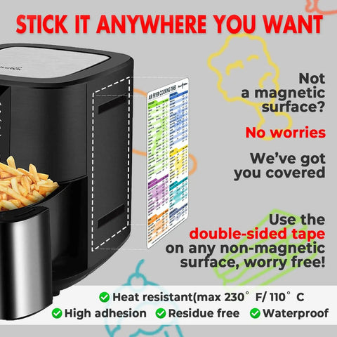 Magnetic Cheat Sheet For Air Fryer Fans With 100 Plus Cooking Times on air fryer, large clear font, waterproof, double-sided tape.