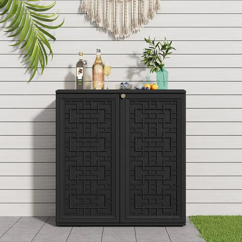 Black All Weather 62 Gallon Resin Deck Box For Outdoors, Waterproof Storage Cabinet For Patio Cushions, Garden Tools, Pool Gear, And Kids Toys, Black With One Shelf against white wall