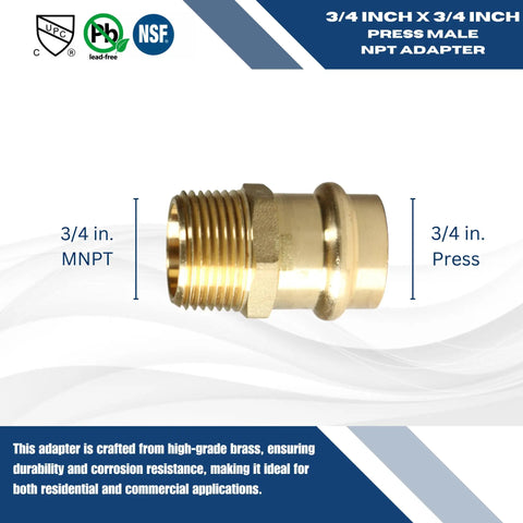 Brass Press Fittings 5 Pack Three Quarter Inch MNPT Male NPT Couplings For Copper PEX And CPVC Pipes No Tools Needed Easy Press Fit Leak Free Quick Install Plumbing Connectors 3/4 in brass adapter