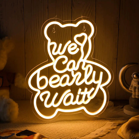 Bear Shaped Neon LED Sign For Wall Decor Lights Up Your Party Vibe With Warm White Glow, text 'we can bearly wait'