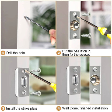 Installation steps for 16 Pack Adjustable Closet Door Ball Catch Hardware Set With Stainless Steel Strike Plates And Screws