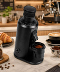 Top Shelf 80Mm Stainless Steel Flat Burr Coffee Grinder in matte black with adjustable knobs for espresso and pour over.