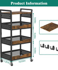 Sleek Four Tier Rolling Storage Cart Built With Sturdy Metal And Smooth Wood Shelves, 32.28in tall, ideal for kitchen or bathroom organization.