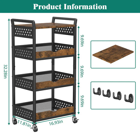 Sleek Four Tier Rolling Storage Cart Built With Sturdy Metal And Smooth Wood Shelves, 32.28in tall, ideal for kitchen or bathroom organization.