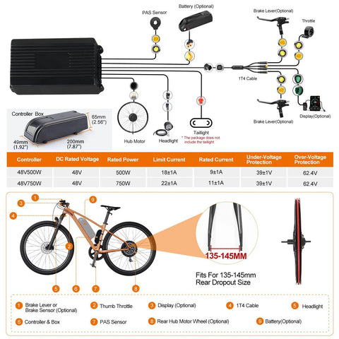 Rear Hub Motor Conversion Kit 48V 500W to 750W For Electric Bikes Ride Upgrade Fits 20 In 26 In 27.5 In 700C Rear Wheel Disc Or V Brake Cassette Compatible Geared Brushless Motor Battery And Display Optional