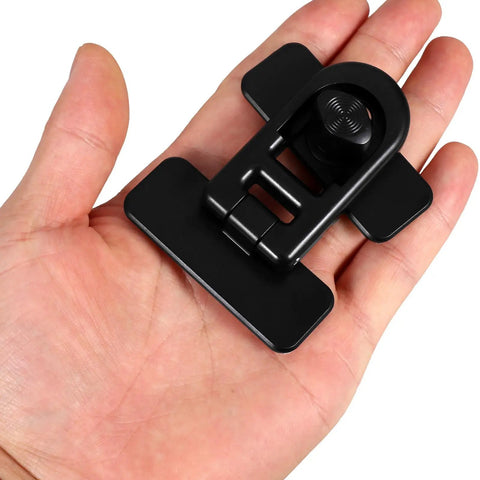Four Pack Kid Safe Refrigerator And Oven Locks in black, durable plastic safety latch for cabinets and drawers, shown in hand.