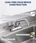 Lead-Free 4 Inch Deck Mount Commercial Kitchen Sink Faucet 8" Swivel Spout installed on a stainless steel sink with a chrome finish.