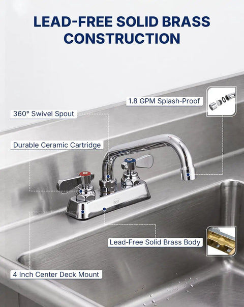 Lead-Free 4 Inch Deck Mount Commercial Kitchen Sink Faucet 8" Swivel Spout installed on a stainless steel sink with a chrome finish.