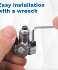 Front view of silver BPV-31 bullet piercing valve with hex wrench and pipe adapter.
