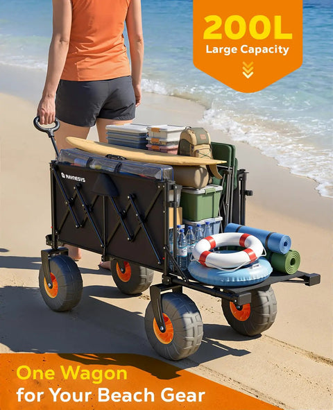 Heavy Duty Beach Cart With Big 9x4 All Terrain Wheels For Sand, Foldable Wagon With Tailgate, 200L Capacity, 440Lb Load