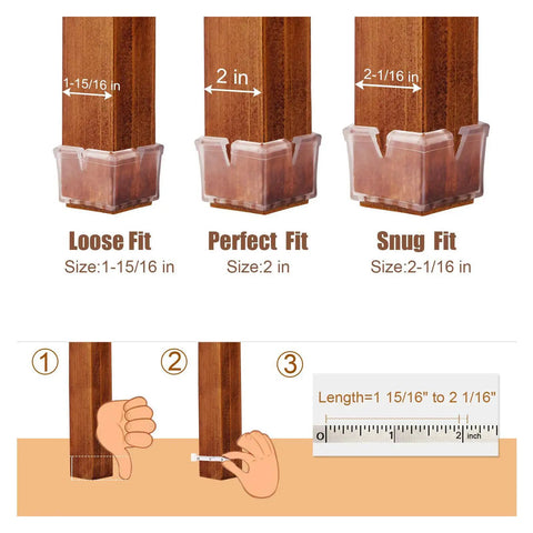 Square Table Leg Protectors For Large Chairs And Sofas Fits From One And Fifteen Sixteenths Inches To Two And One Sixteenth Inches 49mm To 53mm Two Inch Silicone Leg Caps With Felt Pads Clear 16 Pack No Slip Floor Safe Easy Fit showing fit examples and measurement guide