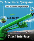 Green turbine worm spray gun with 2 inch interface, labeled 160-320 ft range, part of 2 Inch Farm Irrigation Spray Gun For Farmland Sprinkler System With 360 Degree Adjustable Coverage Large Area Watering Replacement Nozzle Set Pro Grade Auto Rotating Sprinkler Head For Field Irrigation.