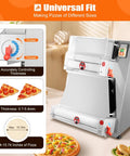 Pro Level Automatic Pizza Dough Press Expanding Four To Sixteen Inches Driven By A Serious 370W Motor, showing thickness control and dough rollers.