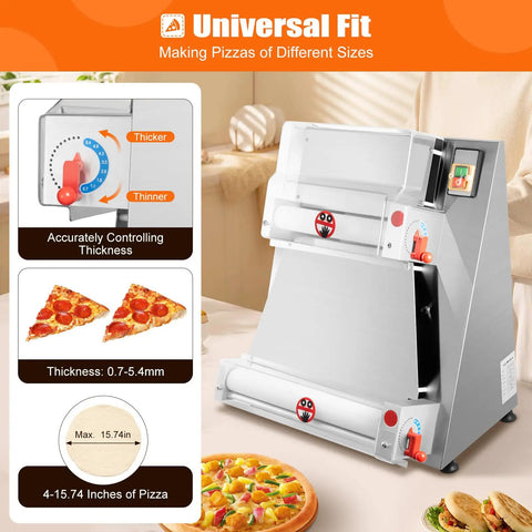 Pro Level Automatic Pizza Dough Press Expanding Four To Sixteen Inches Driven By A Serious 370W Motor, showing thickness control and dough rollers.