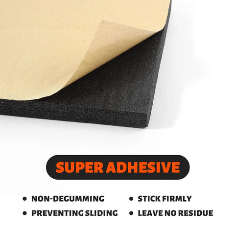 Heavy Duty 3/4 Inch Thick Neoprene Foam Sheet Roll With Snap And Peel Adhesive Backing For Dead Quiet Soundproofing And Zero Hassle Cosplay Padding In Sharp Black showing adhesive backing.