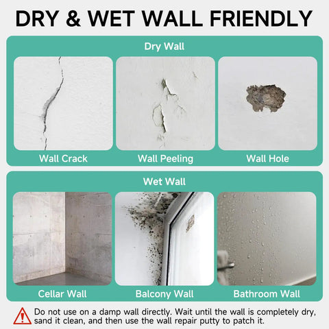 Collage showing drywall cracks, peeling, hole; wet walls in cellar, balcony, bathroom; Drywall Repair Kit With 32 Oz Spackle Paste And Self Adhesive Metal Patches, Wall Patch Set For Holes Cracks And Gaps, White Putty Filler, Includes Sandpaper Putty Knife And Gloves For Quick Easy DIY Repairs suitability for both types.