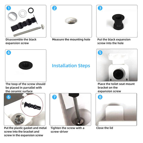 Installation steps for Universal Toilet Seat Hinges With Expanding Rubber Top Nuts And Stainless Steel Gaskets For Blind Hole Mounting.