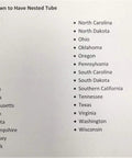 List of U.S. states known to have nested tubes, including Alabama, North Carolina, and more, displayed on white paper.