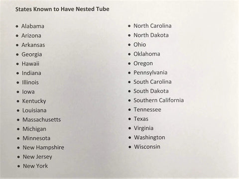List of U.S. states known to have nested tubes, including Alabama, North Carolina, and more, displayed on white paper.