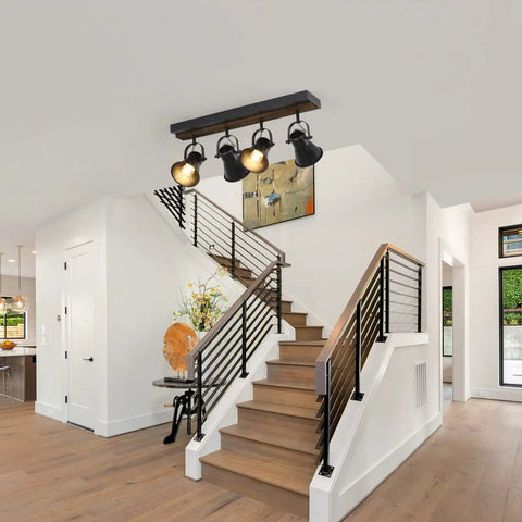 Versatile Quad Light Kitchen Track Lighting Kit With Adjustable Ceiling And Wall Mount Spotlight in modern staircase setting
