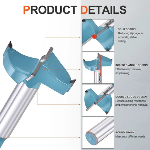 Product details of Straight Shooter 13/16 Inch Forstner Drill Bits showing spur design and double-edged cutting features.