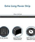 Beefy 24 Outlet Power Strip With Long Aluminum Enclosure And Built In Circuit Breaker For Garage Workshop And Industrial Use 10 Ft Cord 125V 15A 1875W Black showing 87cm length, metal housing, and 10ft extension cord.