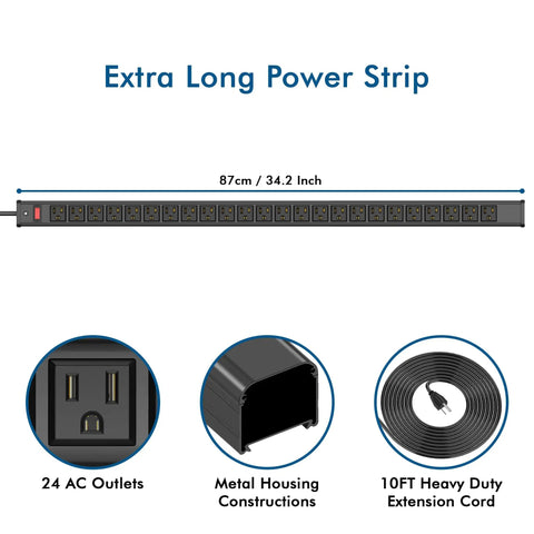 Beefy 24 Outlet Power Strip With Long Aluminum Enclosure And Built In Circuit Breaker For Garage Workshop And Industrial Use 10 Ft Cord 125V 15A 1875W Black showing 87cm length, metal housing, and 10ft extension cord.