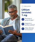 Man reading book with product information about Lithium Orotate 1 Mg Supplement For Calmness And Behavior Support on display.