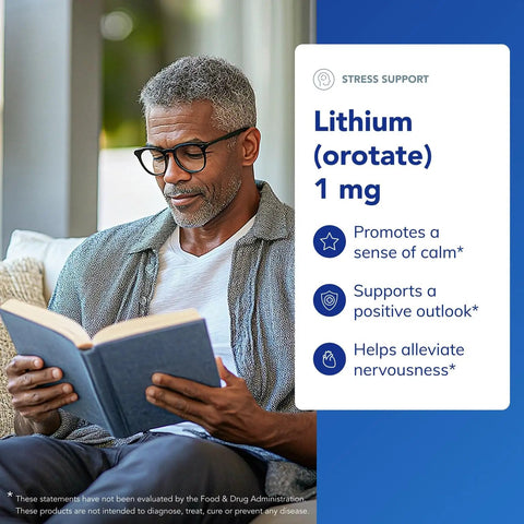 Man reading book with product information about Lithium Orotate 1 Mg Supplement For Calmness And Behavior Support on display.