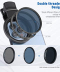 Double threaded filters on iPhone with clamp; 52mm ND CPL Starburst Filter Set With Phone Lens Clamp For iPhone And Canon Nikon Sony Cameras Includes Four Graduated Color Filters In Red Orange Yellow Blue Plus Polarizer And Starburst Effect.