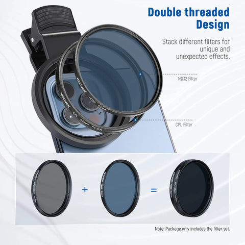 Double threaded filters on iPhone with clamp; 52mm ND CPL Starburst Filter Set With Phone Lens Clamp For iPhone And Canon Nikon Sony Cameras Includes Four Graduated Color Filters In Red Orange Yellow Blue Plus Polarizer And Starburst Effect.