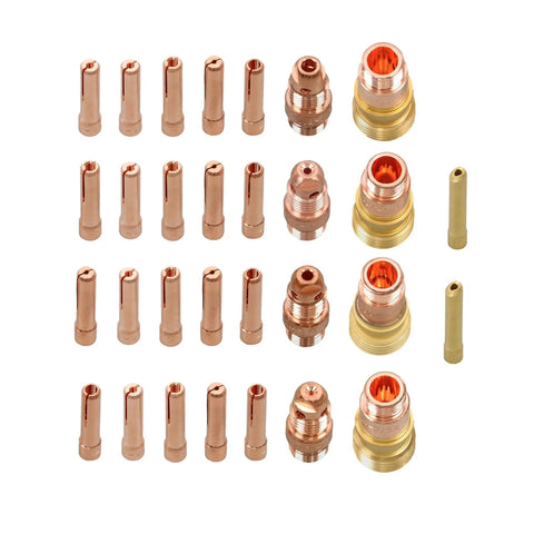 87 Piece TIG Welding Torch Kit With Gas Lens, Alumina Cups, Glass Cups, Stubby Back Cap And Copper Collets assortment layout