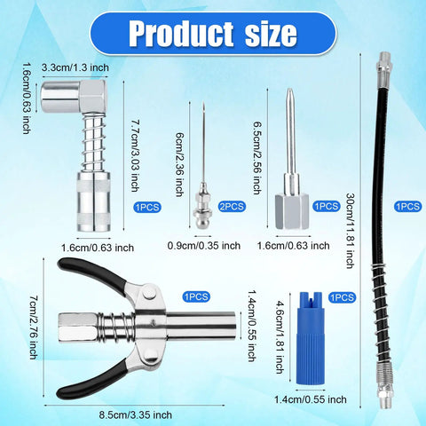 Grease Gun Accessory Kit With Hose 90 Degree Coupler Set Including Needle Dispenser Two Needle Nozzles Nozzle Cleaner Double Handle Coupler And Fittings For Must Have Gear Greasing Quick Attachments And Easy Refill product sizes