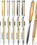 Six Piece Tight 7mm Woodcraft Kit Featuring Letter Openers And Slim Pen Tools, brass and wood materials, for envelope slitting.