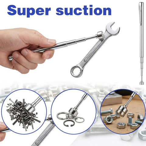 Telescoping Magnetic Pick Up Tool Set 25 Inch Reacher Grabber with Pocket Clip holding a wrench, nails, and bolts