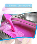 Pouring vibrant pink mixture into stainless steel hopper of Commercial Dual Tank Ice Slush Machine For Top Shelf Margaritas And Creamy Milkshakes With Smart Freeze Tech And Heavy Duty Build To Keep Your Setup Runnin Smooth And Frosty All Weekend Long.