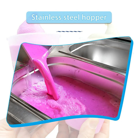 Pouring vibrant pink mixture into stainless steel hopper of Commercial Dual Tank Ice Slush Machine For Top Shelf Margaritas And Creamy Milkshakes With Smart Freeze Tech And Heavy Duty Build To Keep Your Setup Runnin Smooth And Frosty All Weekend Long.