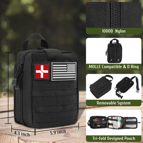 Survival First Aid Kit With 170 Pcs Emergency Medical Supplies For Hiking Camping Backpacking in black pouch