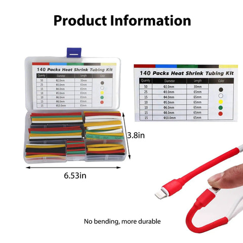 140 Pcs Heat Shrink Tubing Assortment Kit For Electrical Wires And Cables with dimensions and red tubing illustration.
