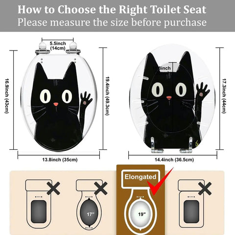 Elongated Resin Toilet Seat for Halloween Bathroom Decor with black cat design, measuring 19.4" x 14.4" for proper fit.