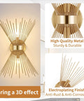 Gold Starburst Wall Sconce Set Of Two For Living Room Bedroom And Hallway Modern Mid Century Style Luxury Metal Art Deco Lighting Accent in brushed brass showing 3D effect, high-quality metal, and electroplating finish.