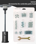 Patio Heater Reflector Shield Accessory Kit With Spacers Washers And Fasteners For Round Umbrella Gas Heaters Universal Replacement Hardware Set No Hassle Fix For Safe Stable Outdoor Heating displayed with heater and tools.