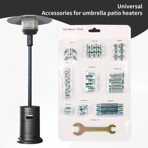 Patio Heater Reflector Shield Accessory Kit With Spacers Washers And Fasteners For Round Umbrella Gas Heaters Universal Replacement Hardware Set No Hassle Fix For Safe Stable Outdoor Heating displayed with heater and tools.