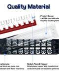 Heavy Duty Dual Row Bus Bar Terminal Block Kit With Pre Insulated Covers showing polycarbonate and nickel-plated copper materials.